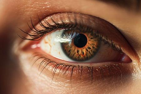 Macro lens, extreme close-up of light brown eye of a woman.の素材