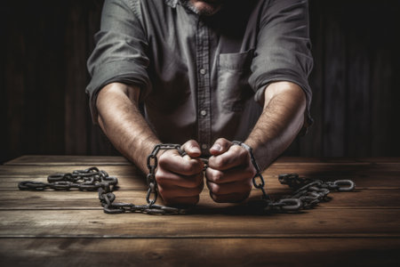 Male hands in handcuffs on wooden table. Iron chains on the hands.の素材
