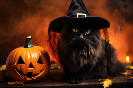 Black cat in witch hat on halloween background.の素材