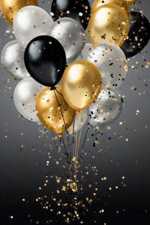 Happy birthday. Air balloons, foil silver and gold balloons.の素材
