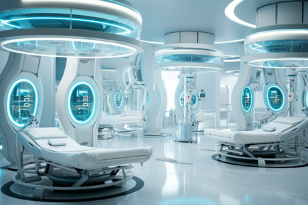 Futuristic white hospital with robots, glass and light.の素材
