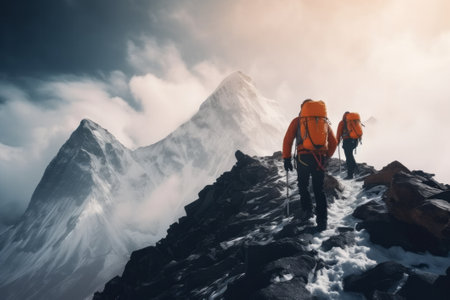 Two climbers men climb to the top of a snowy mountain peak.の素材