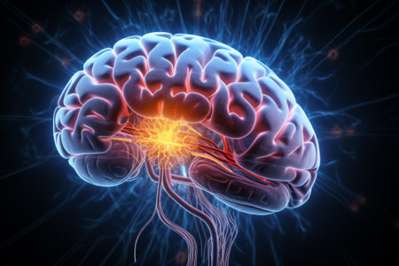 Graphic image of glowing brain, close-up.の素材