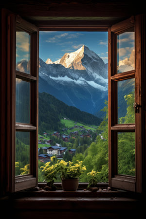 The window with the view of the Alps.の素材