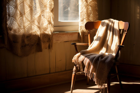 Rustic wooden chair with a crochet blanket draped plaid.の素材