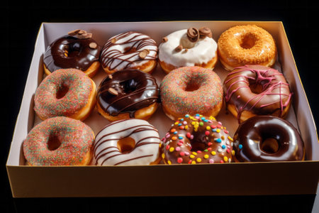 Box of glossy colorful donuts.の素材