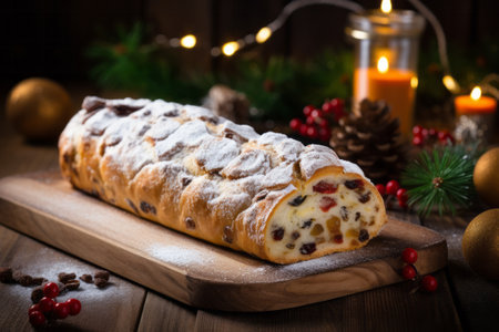 Christmas stollen on wooden background. Traditional Christmas festive pastry dessert.の素材