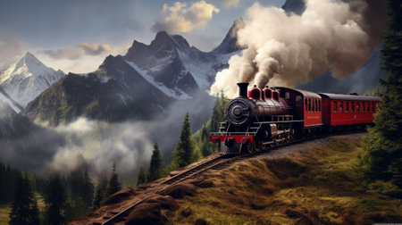 A steam locomotive with red trailers drives through the mountains.の素材