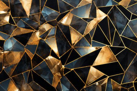 Cute brightly colored geometric pattern, holo-foil, shiny, glistening, made of glass, black, gold, gilded, phone wallpaper.の素材