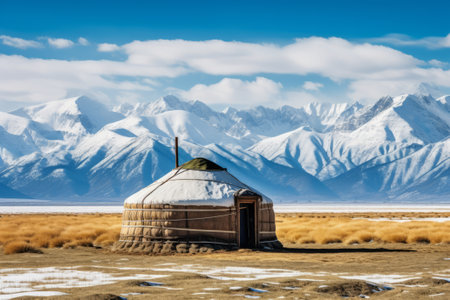 Yurt nomad house stands in the Asian steppe with mountains background.の素材