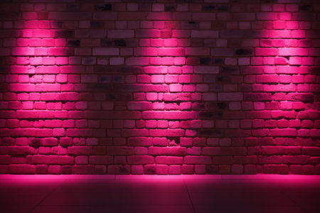A brick wall illuminated from below with neon pink light.の素材