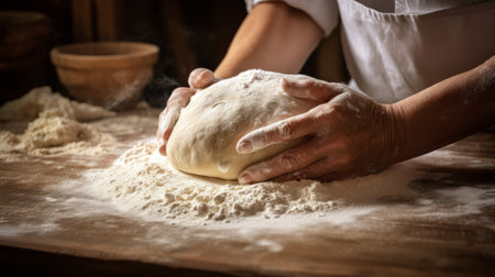 Bakers hands kneading dough for artisan fresh bread for the bakery.の素材
