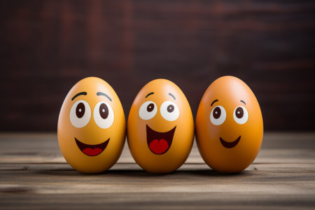 Three eggs with drawn faces with different happy expressing emotions.の素材