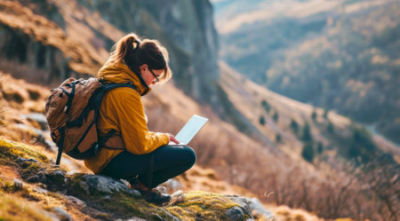 Freelancer woman working online while hiking in the mountains. Banner.の素材
