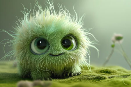 Cute sage or green furry monster 3D cartoon character.の素材
