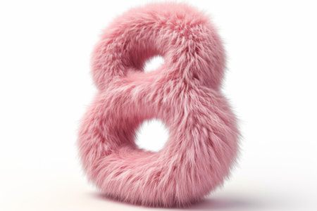 Cute pink number 8 or eight as fur shape, short hair, white background, 3D illusion, storybook style.の素材