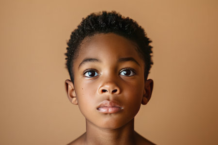 Portrait of a child black boy against a light brown background.の素材