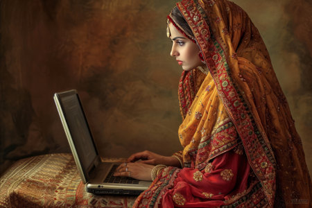 Online Punjabi woman is on computer classes.の素材
