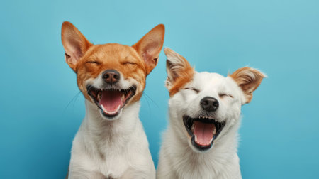 Banner with pets. Dog and cat smiling with happy expression and closed eyes. Isolated on blue colored background.の素材