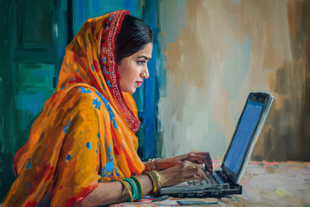 Online Punjabi woman is on computer classes.の素材