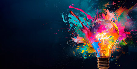 Creative light bulb explodes with colorful paint splashes. Brainstorming concept. Banner.の素材