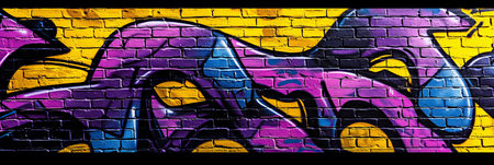 Graffiti background on a brick wall, black yellow purple. Banner.の素材