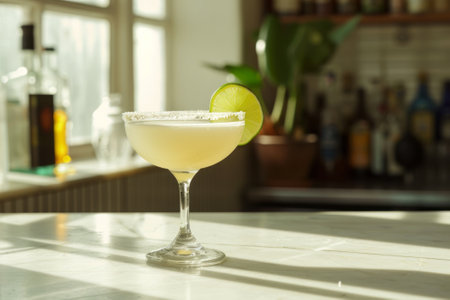 Margarita cocktail, rich and jingly texture, minimalistic elegance style, sunlight, white table in the bright bar.の素材