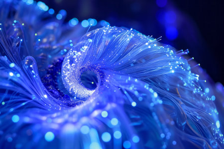 Image constructed from intricately coiled and glowing fiber optics. The fiber optics.の素材