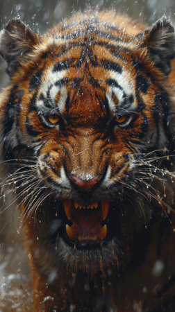 A close-up of a tiger muzzle head with an evil grin. Wild big cat.の素材
