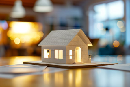 Holo 3d render model of a small living house on a table in a real estate agency. Signing mortgage contract document and demonstrating. Futuristic business. Blurry background.の素材