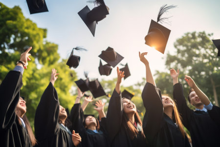 Group of cheerful student throwing graduation hats in the air celebrating, education concept with students celebrate success with hats.の素材