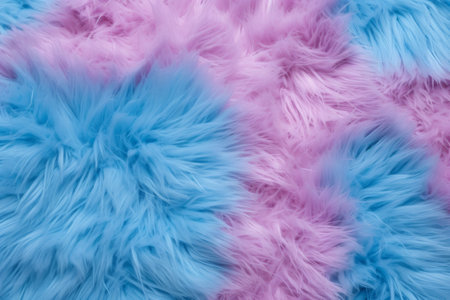 Pink and blue fur texture top view. Sheepskin wool background. Shaggy fur patternの素材