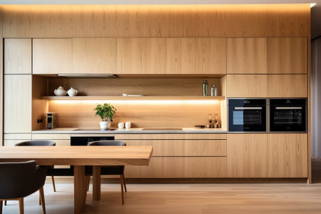 Modern wooden kitchen with smart appliances.の素材