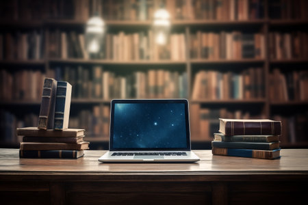 Library desk with books and laptop representing education technology and online learning.の素材