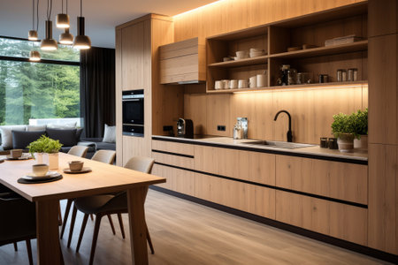 Modern wooden kitchen with smart appliances.の素材