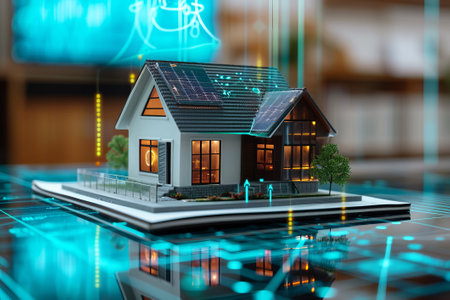 Holo 3d render model of a small living house on a table in a real estate agency. Signing mortgage contract document and demonstrating. Futuristic business. Blurry background.の素材