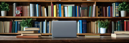 Library desk with books and laptop representing education technology and online learning.の素材
