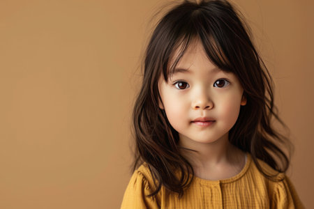 Portrait of a child asian girl against a light brown background.の素材