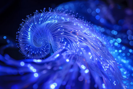 Image constructed from intricately coiled and glowing fiber optics. The fiber optics.の素材