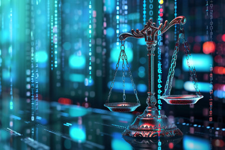 Digital law concept. Law scales at data center. Abstract background.の素材