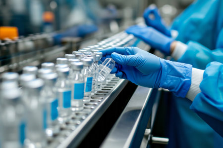 The staff checks medical vials on the production line in a pharmaceutical laboratory or factory. Hands wearing blue gloves.の素材