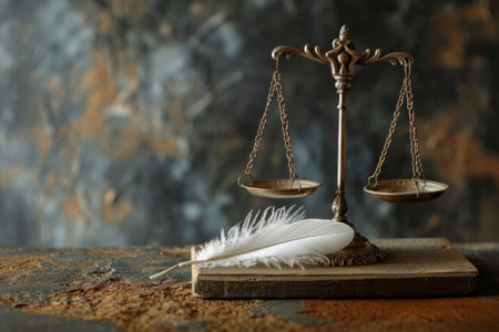 Scale with feather on the left side and empty on another one. The concept of easy choice.の素材