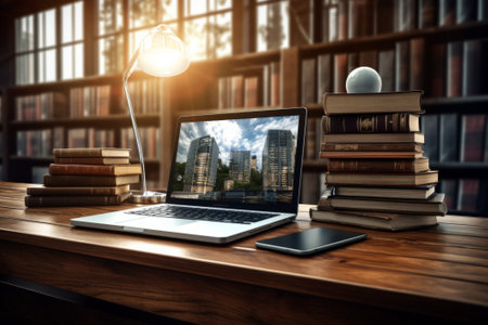 Library desk with books and laptop representing education technology and online learning.の素材