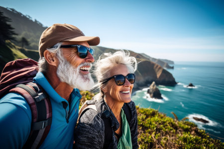 Senior couple admiring the scenic Pacific Ocean coast while hiking, filled with wonder at the beauty of nature during their active retirement.の素材