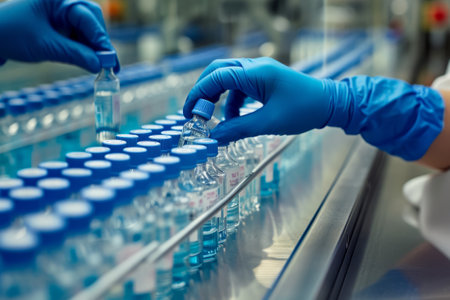 The staff checks medical vials on the production line in a pharmaceutical laboratory or factory. Hands wearing blue gloves.の素材
