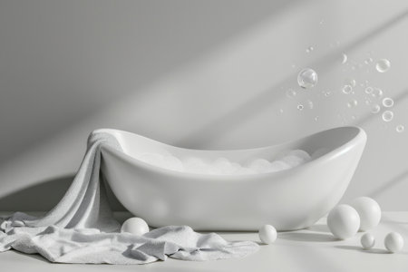 Small bathtub with foam and soap bubbles on grey background.の素材