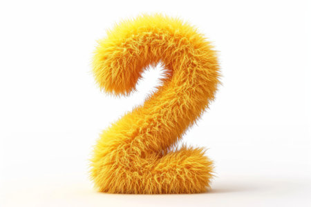 Cute yellow number 2 or two as fur shape, short hair, white background, 3D illusion, storybook style.の素材