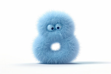 Cute blue number 8 or eight as fur shape, short hair, white background, 3D illusion, storybook style.の素材