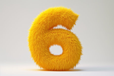 Cute yellow number 6 or six as fur shape, short hair, white background, 3D illusion, storybook style.の素材