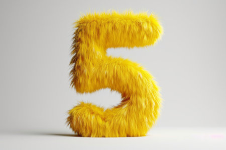 Cute yellow number 5 or five as fur shape, short hair, white background, 3D illusion, storybook style.の素材